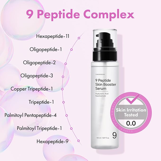 9 Peptide Skin Booster Serum, Niacinamide & Hyaluronic Acid Skin Renewal Boosting Facial Essence for All Skin Types, Korean Skin Care, Paraben Free, 150ml, 5.07 fl.oz.