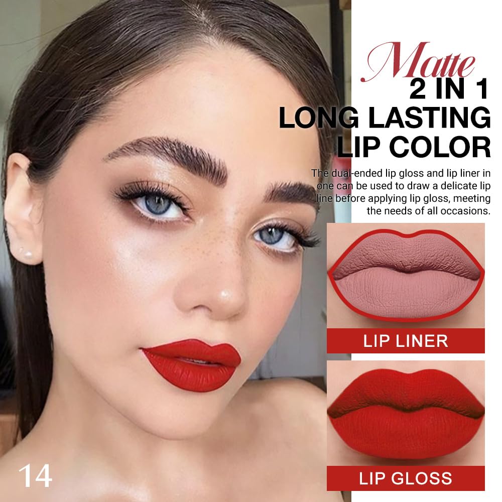 evpct 1Pcs Bright Fire Ruby Red Matte Lip Liner and Liquid Lipstick Stain Makeup Set for women, Red Long Lasting Smudge Proof Lipstick labiales matte mate larga duracion listip 24 hours originales,14#