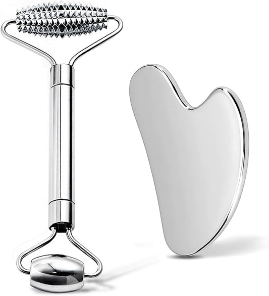 Gua Sha Facial Tools and Face Roller Set, Lymphatic Drainage Massager,Stainless Steel Facial Sculpting Eyes Roller Guasha for Face, Chin & Jawline Sculpting,Skin Care (Stainless Steel)