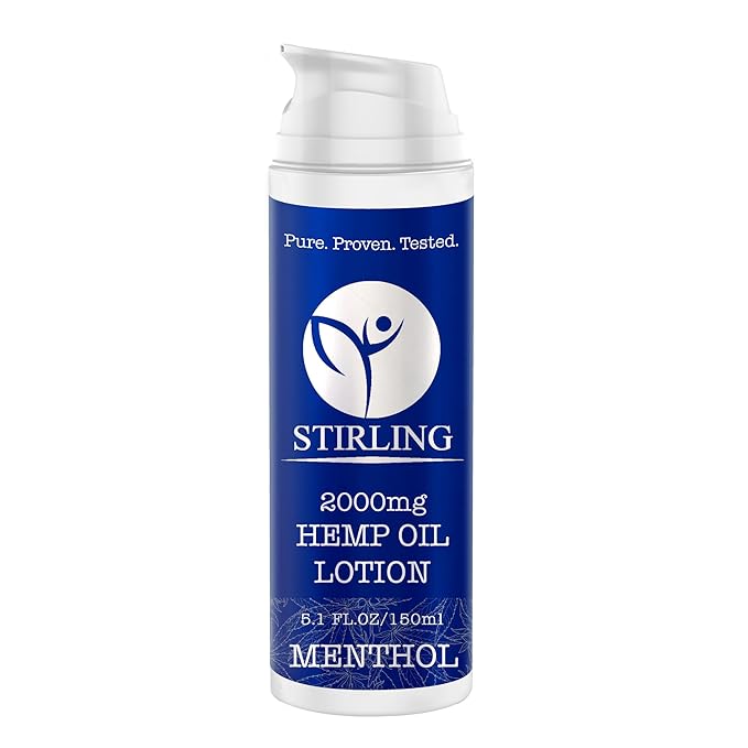 STIRLING Menthol Lotion + Hemp Oil β Maximum strength relief with cooling menthol and 100% pure hemp oil to soothe joints, relax muscles, and hydrate with aloe vera. 5 fl oz. (2000mg, Menthol)