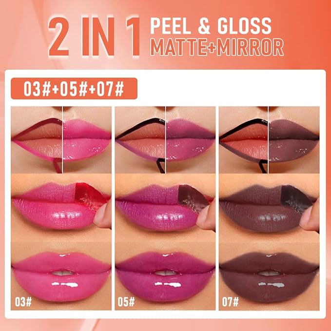 3Pcs Peel Off Lip Gloss Tattoo and Lip Oil, Lip Stain Peel Off Masque - Peel Off Lip Tint ,Long Lasting Waterproof Transfer-proof Lip Mask Lip Gloss Peel Off Lip Liner,Stay Lip Makeup 03#+05#+07#