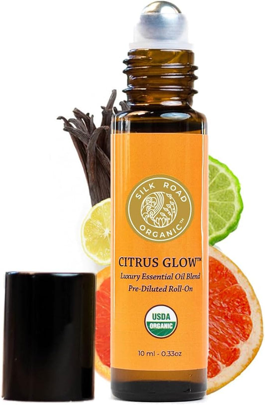 Silk Road Organic Citrus Glow Essential Oil Revive Blend Roll On, 100% Pure USDA Certified Citrus & Vanilla - Uplifting, & Energizing - 10 ml Roller - Always Pure, Always Organic