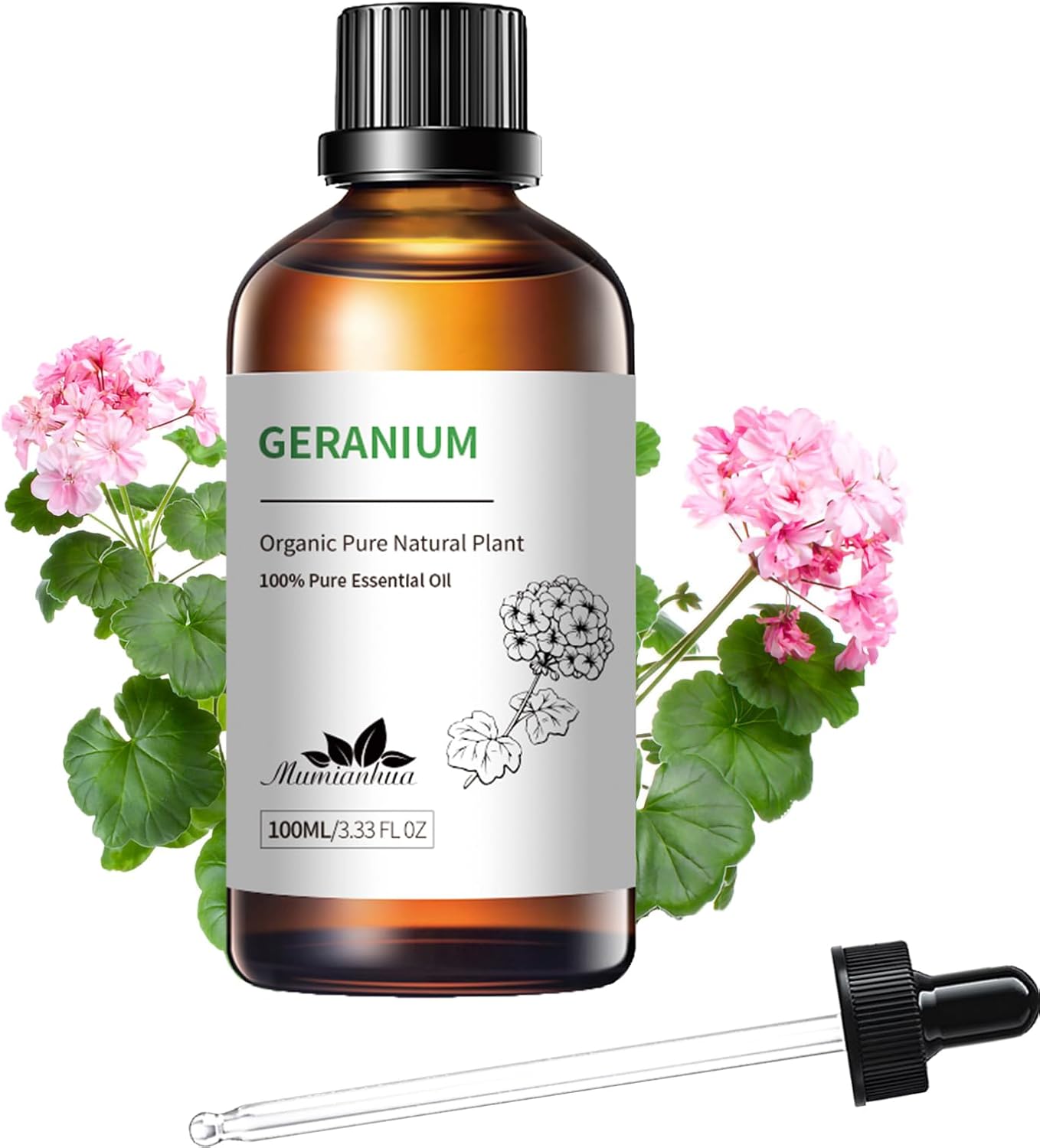 Mumianhua 100% Pure Geranium Essential Oil Natural Geranium Oil for Skin, Diffuser, Massages, DIY, Skin, Hair, Bath, Aromatherapy, Soap Making, Candle Making 3.38 Fl oz