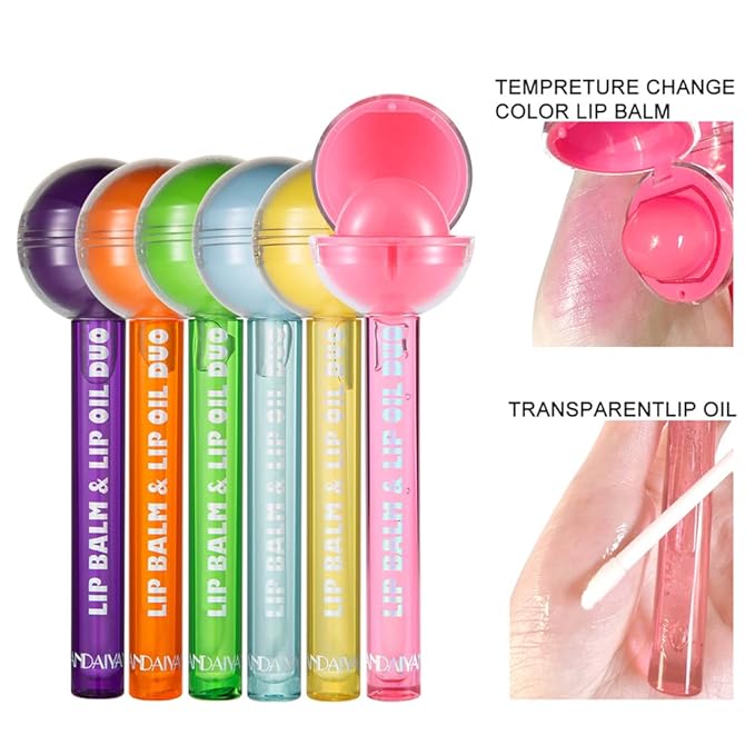Tinted Lip Balm Lollipop Lip Gloss, Magic pH Color Changing Pink Lipstick & Vitamin E Clear Lip Oil Combo, Hydrating Plumping Lip Care Product for Girls (Orange)