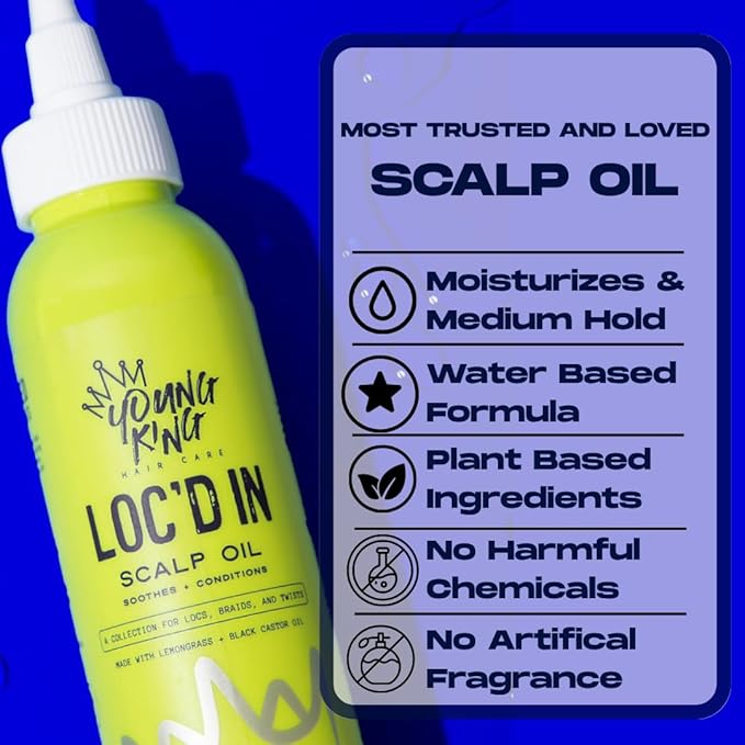 YOUNG KING HAIR CARE Growth Scalp Oil | For All Hair Types | Lemongrass and Black Castor Oil | Soothes and Conditions for Dreads, Braids, Twists | Natural Loc Care and Maintenance (4oz)