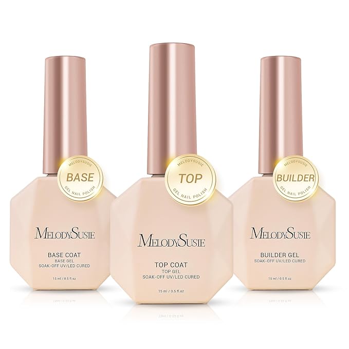 MelodySusie No Wipe Glossy Top Coat Base Coat Builder Gel Set Long Lasting Shine Finish Soak Off UV LED Nail Lamp Nail Polish Art Design Manicure Kit Perfect Gifts for Women Girls 3 Pcs 15ml Clear