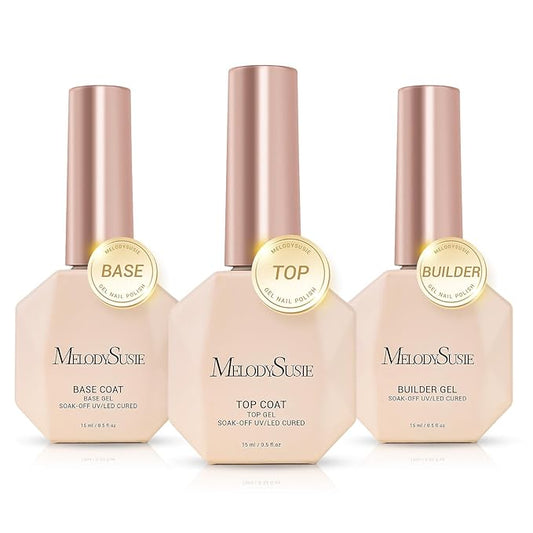 MelodySusie No Wipe Glossy Top Coat Base Coat Builder Gel Set Long Lasting Shine Finish Soak Off UV LED Nail Lamp Nail Polish Art Design Manicure Kit Perfect Gifts for Women Girls 3 Pcs 15ml Clear