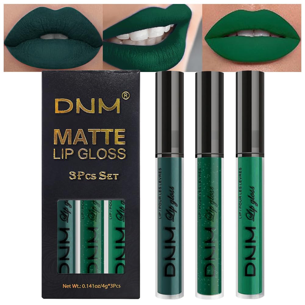 evpct 3Pcs Dark Deep Forest Green Shimmer Matte Liquid Lipstick Lip Stain Sets for Women Matte+Lipstick Long Lasting Waterproof Permanent 24 Hours Magic Lipstick 24 Hours original, Set23