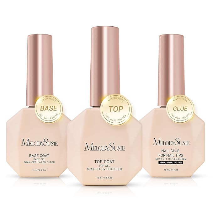 MelodySusie No Wipe Glossy Top Coat Base Coat Nail Glue Set Long Lasting Shine Finish Soak Off UV LED Nail Lamp Nail Art Design Manicure Kit Perfect Gifts for Women Girls 3 Pcs 15ml Clear
