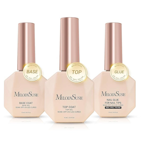 MelodySusie No Wipe Glossy Top Coat Base Coat Nail Glue Set Long Lasting Shine Finish Soak Off UV LED Nail Lamp Nail Art Design Manicure Kit Perfect Gifts for Women Girls 3 Pcs 15ml Clear