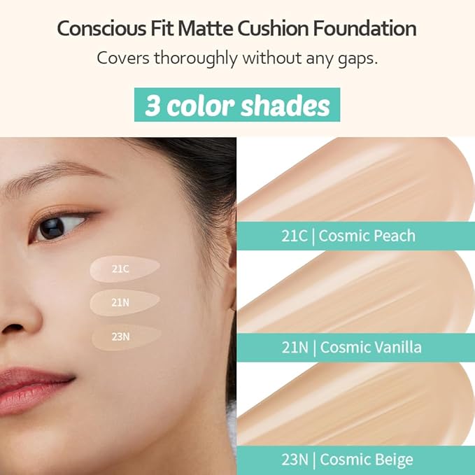 MOONSHOT KOREA Matte Fit Cushion Foundation Full Coverage Matte Finish, Breathable Makeup for Face, Long Lasting, Lightweight K-BEAUTY (21N Cosmic Vanilla, Matte Fit Cushion)
