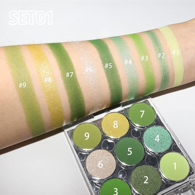 9 Colors Shimmer Matte Green Eyeshadow Palette. Highly Pigmented Light Green Eyeshadow Dark Green Eye shadow Paleta.Blendability Shiny Matte Green Makeup Powder Palet.paleta de sombras de ojos verdes