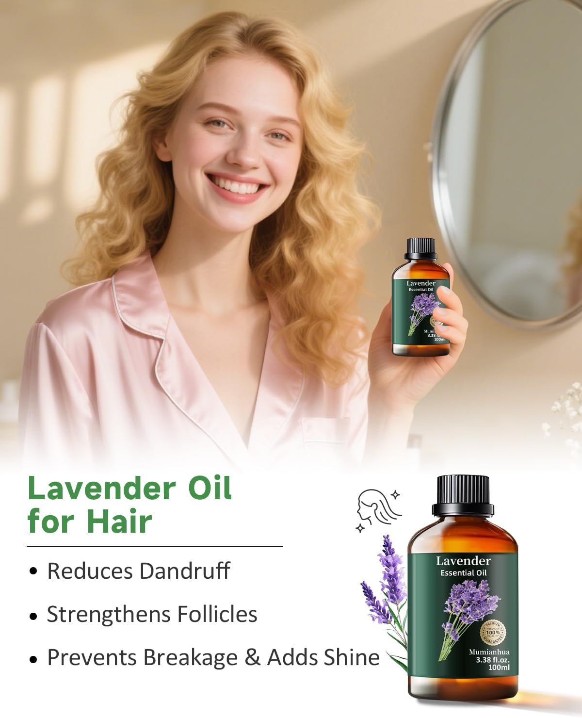 Mumianhua Lavender Essential Oil 100% Pure - Therapeutic Grade Natural Lavender Oil Bulk for Aromatherapy Diffuser, Humidifier, Laundry, Skin & Hair Care, Candle Making,Relaxation 3.38 Fl Oz