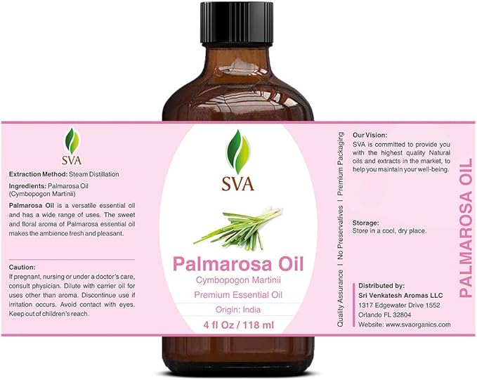 SVA Palmarosa Essential Oil – 4 Fl Oz – 100% Natural Palmarosa Oil - for Diffuser, Hair Care, Face, Skin Care, Aromatherapy, Scalp and Body Massage, Soap and Candle Making – with Dropper