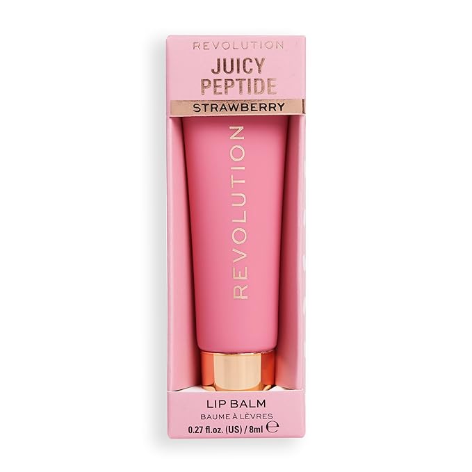 Revolution Beauty, Juicy Peptide Lip Balm, Hydrating & Plumping Lip Balm with Sheer Color, Infused with Vitamin E & Peptides, Pink Strawberry, 0.27 Fl. Oz
