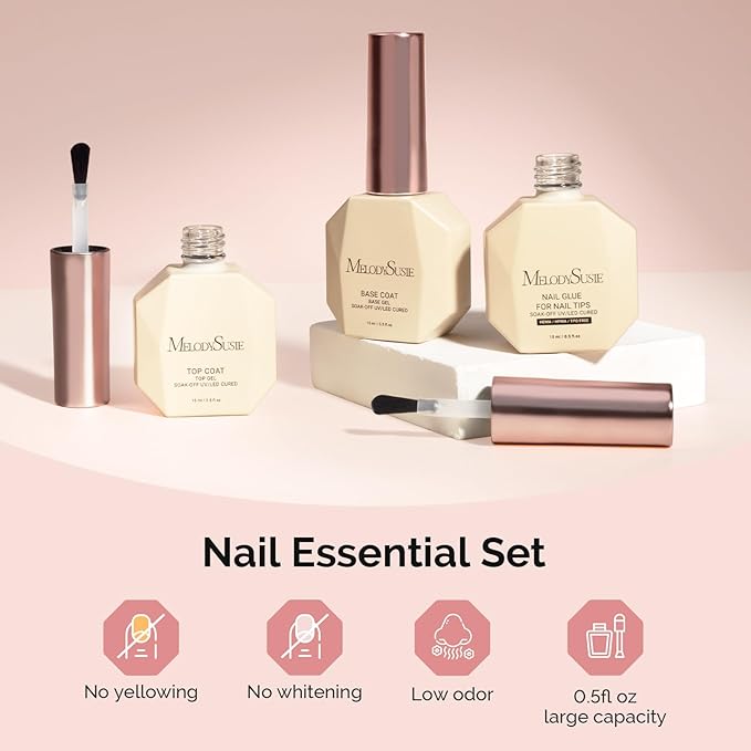 MelodySusie No Wipe Glossy Top Coat Base Coat Nail Glue Set Long Lasting Shine Finish Soak Off UV LED Nail Lamp Nail Art Design Manicure Kit Perfect Gifts for Women Girls 3 Pcs 15ml Clear