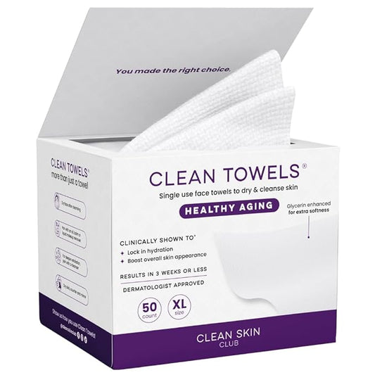 Clean Skin Club Clean Towels XL Healthy Aging™, Smooths Fine Lines Wrinkles & Texture In 6 Weeks, Treated for Extra Softness, Disposable Face Towels, Anti Aging Makeup Remover Dry Wipe (50 Ct, 1 Pack)