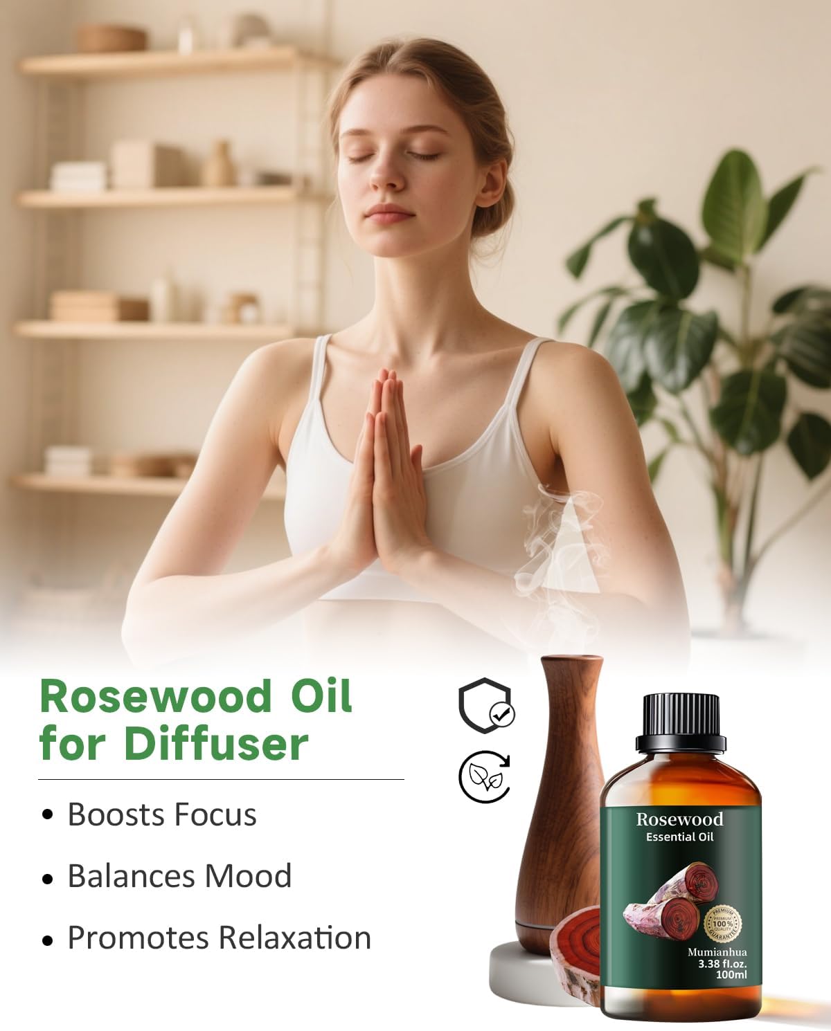 Rosewood Essential Oil Pure, Mumianhua Natural Organic Pure Premium Therapeutic Rosewood Oils for Skin, Body, Hair Care, Diffuser, Candle, Soap, Making, DIY, Massage 3.38 Fl Oz