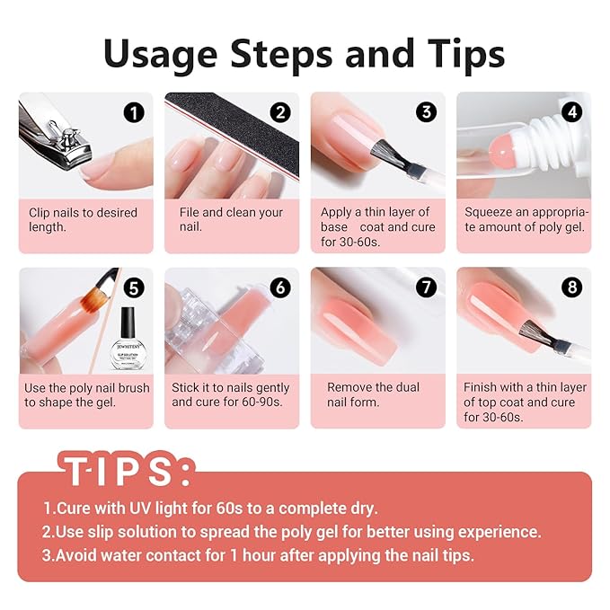 JEWHITENY Poly Nail Gel Set Clear Pink White Poly Extension Gel With Base Coat Top Coat Slip Solution French Manicure Need U V Lamp Curing for Finger Art and Home DIY