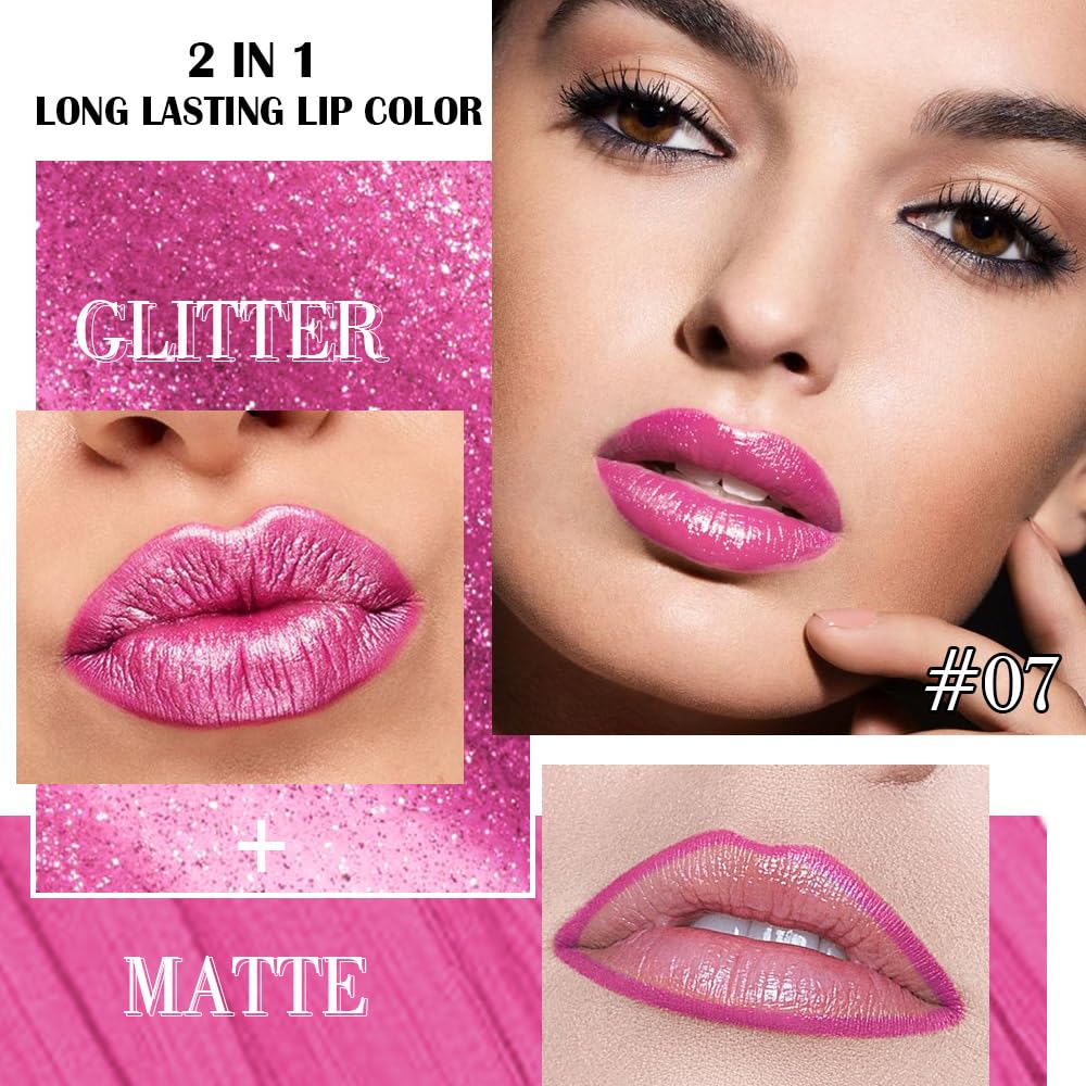 Kaely 2-in-1 Hot Pink Metallic Lipstick and Lip Liner, Shimmer Liquid Metallic Lipsticks for Women, Glitter Lip Gloss Stain Long Lasting Waterproof Smudge Proof 24 Hour, Vegan Makeup, 07