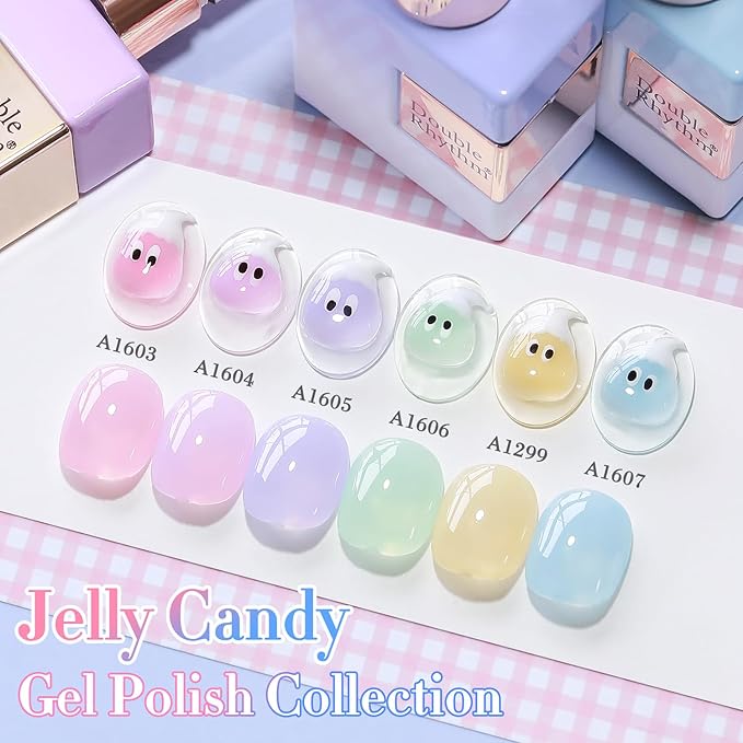 Double Rhythm 6 Pcs 15 ML Gel Polish Set Same Color Same Bottle Soak Off Gel Polish Kit Nail Art Manicure Salon DIY at Home for Women (Jelly Pink Purple Green Yellow Blue-T6-22)