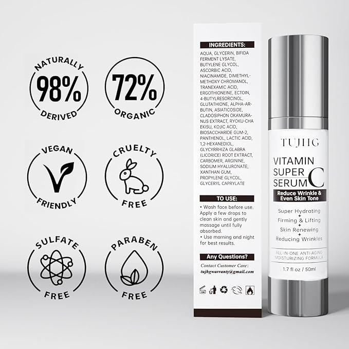 Vitamin C Retinol Serum for Face, Brightening & Anti-Aging with Hyaluronic Acid, Vitamin E, Peptides, Collagen - Hydrates, Firms, Lifts, Smooths, Targets Age Spots, Wrinkles, 1.7 Fl Oz