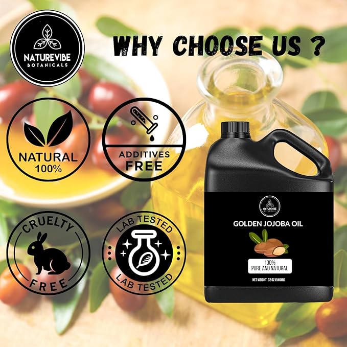 Naturevibe Botanicals Golden Jojoba Oil 32 oz β 100% Pure, Cold-Pressed Moisturizer for Skin & Hair | Antioxidant-Rich, Non-Greasy, Carrier Oil & Daily Hydration