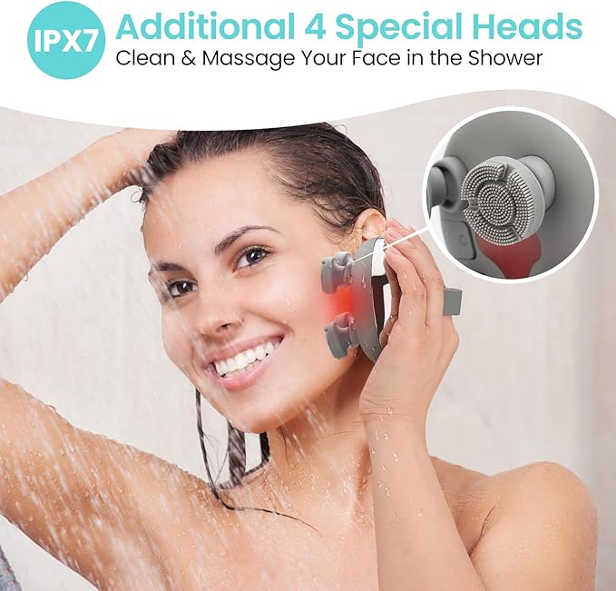 Portable Electric Scalp Massager - Rechargeable IPX7 Waterproof Heated Scalp Massager w/ 100 Kneading Nodes, 3 Speed Modes, 2 Massage Styles, 8 Claws for Scalp/Body Massage & Face Cleaning (Silver)