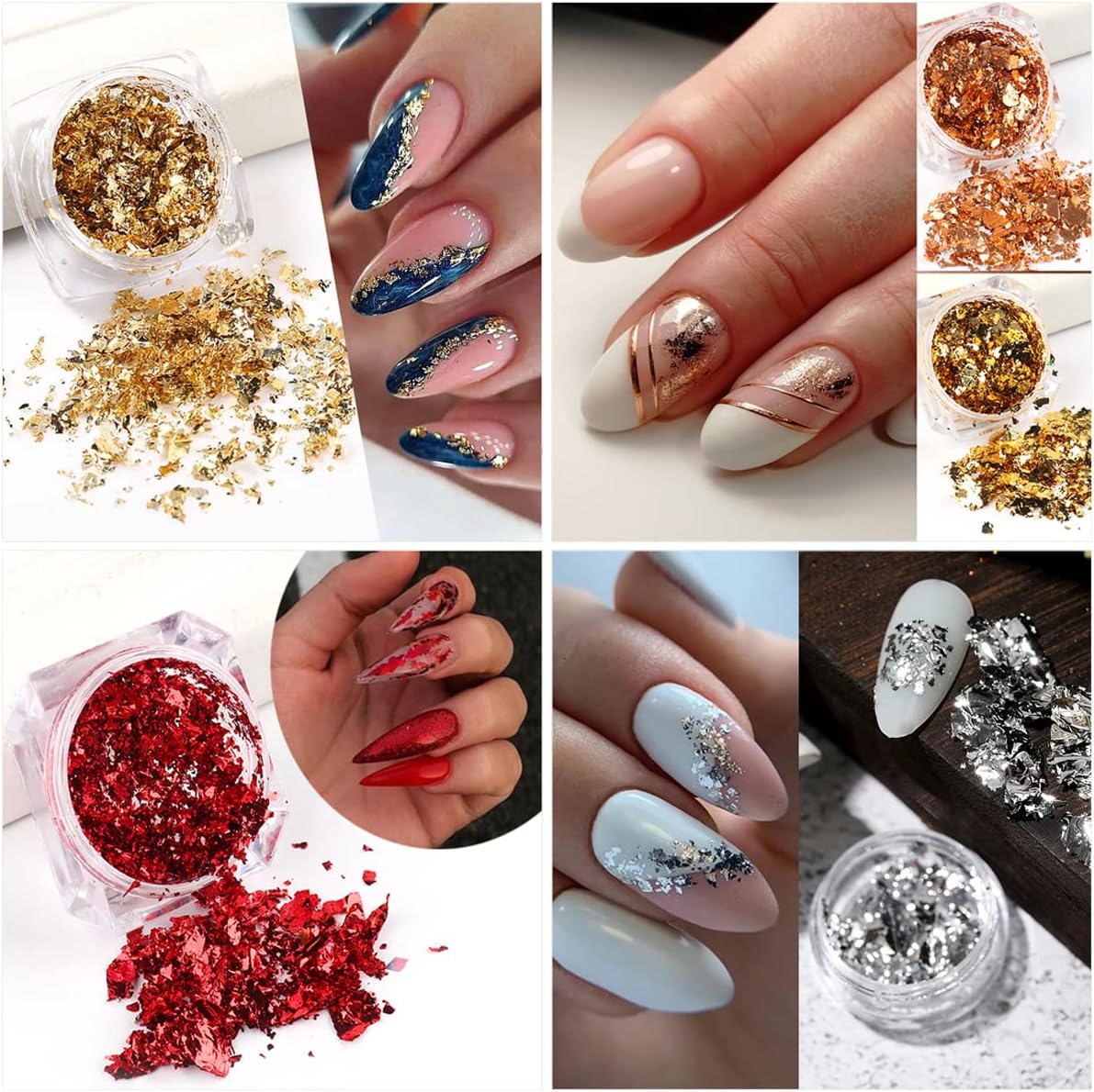 Holographic Glitter Nail Foil Flakes 3D Sparkly Aluminum Foil Sequins Nail Art Supplies Rose Gold Red Silver Glitter Foils Flake Mirror Powder Nail Designs for Acrylic Nail Art Decoration (4Boxes)