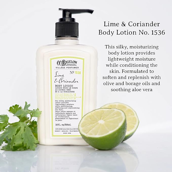 C.O. Bigelow Lime Coriander Body Lotion, Village Perfumer Moisturizing Body Lotion with Aloe Vera, Borage Oil & Olive Oil, 10 Fl Oz