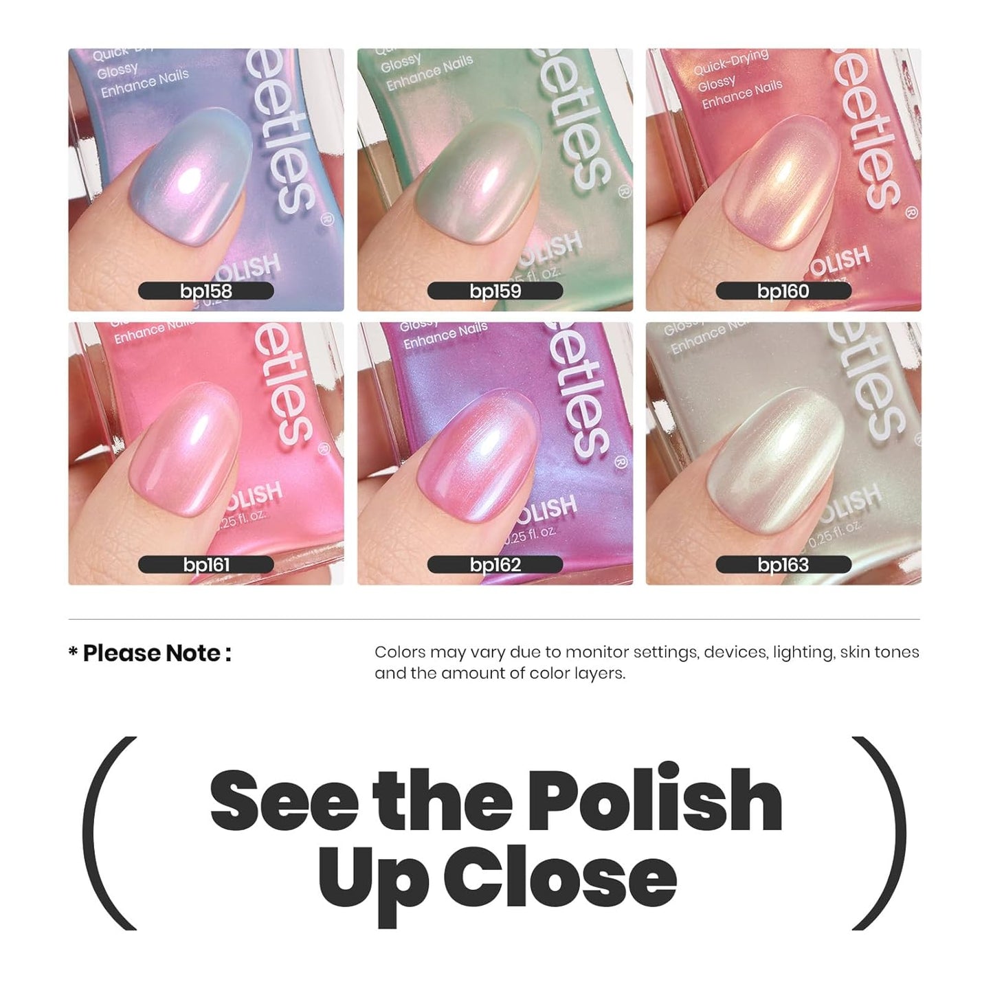 Beetles Pearl Nail Polish Set Mermaid Glow, 6 Colors Shimmer Pearl Pink Purple Quick Dry Nail Polish Long Lasting DIY Manicure Gift for Girls Women Nail Strengthener Polish