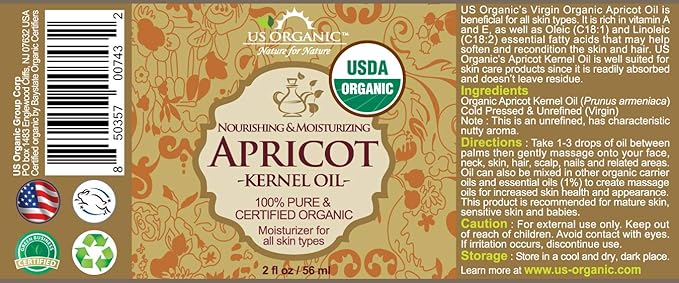 US Organic Apricot Kernel Oil, USDA Certified Organic,100% Pure & Natural, Cold Pressed Virgin, Unrefined in Amber Glass Bottle w/Glass Eyedropper for Easy Application (2 oz (Small))