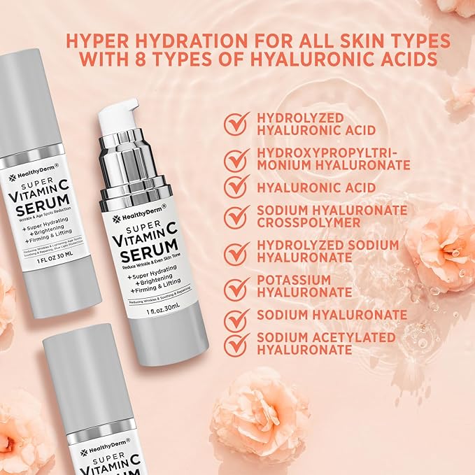 Super Vitamin C Serum for Women Over 70: Niacinamide, Vitamin C, Hyaluronic Acid, Peptides, Vitamin E, Caffeine, Bakuchiol, Hydrating, Lifting, Wrinkle & Age Spots Reduction Pack of 3