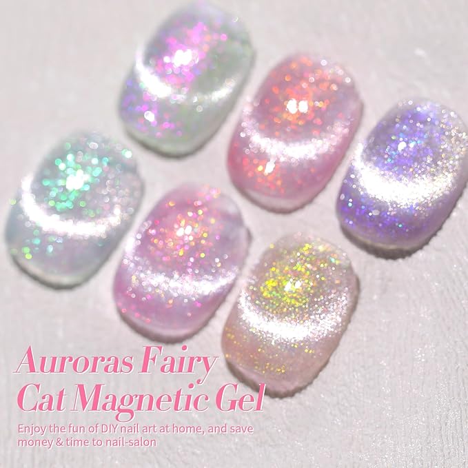 Born Pretty Cat Magnetic Eye Gel Nail Polish, Mermaid Aurora Holographic Pink Blue Green Yellow Gel Polish, Soak Off U V LED Gel Polish Nail Art Design Manicure Salon DIY Home 7ML 6PCS