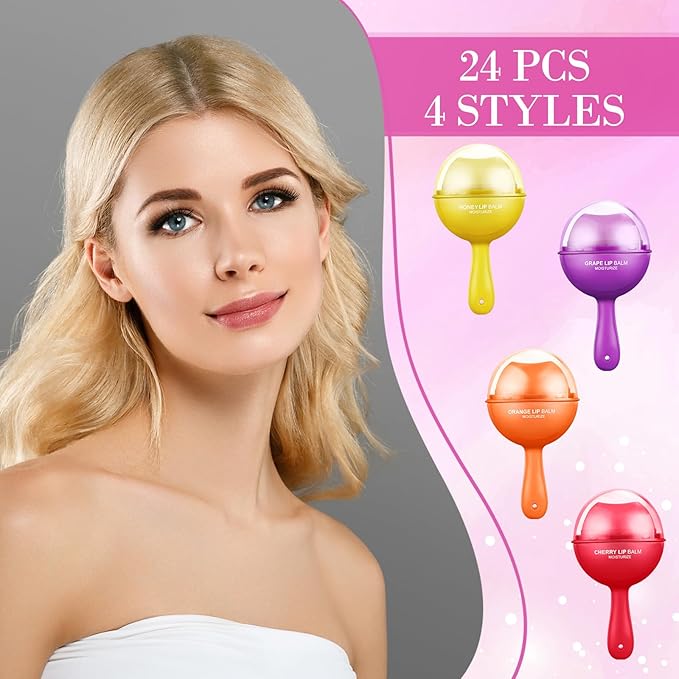 24 Pcs Lollipop Lip Balm Bulk Lip Balm Cherry Grape Orange Honey Taste Lip Balm Lip Care Gift for Women Soothing Moisturizing Lip Balms for Dry Chapped Lips Office Business Favors
