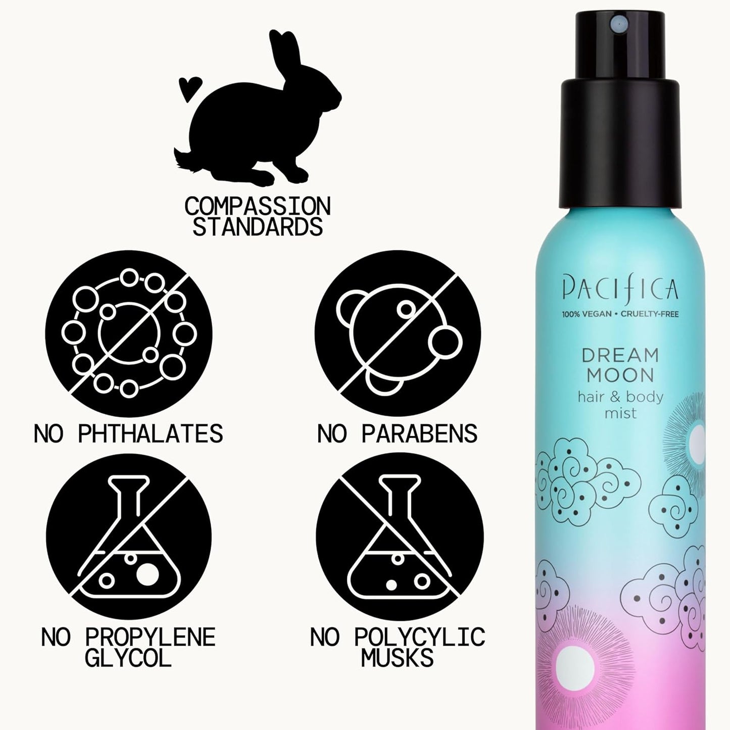 Pacifica Hair Perfume & Body Fragrance Spray Mist - Dream Moon with Bergamot, Pear, Pink Rose, Coconut, Vanilla, Sandalwood & Patchouli – Alcohol-Free, Vegan & Cruelty-Free, 5 oz (1 Count)
