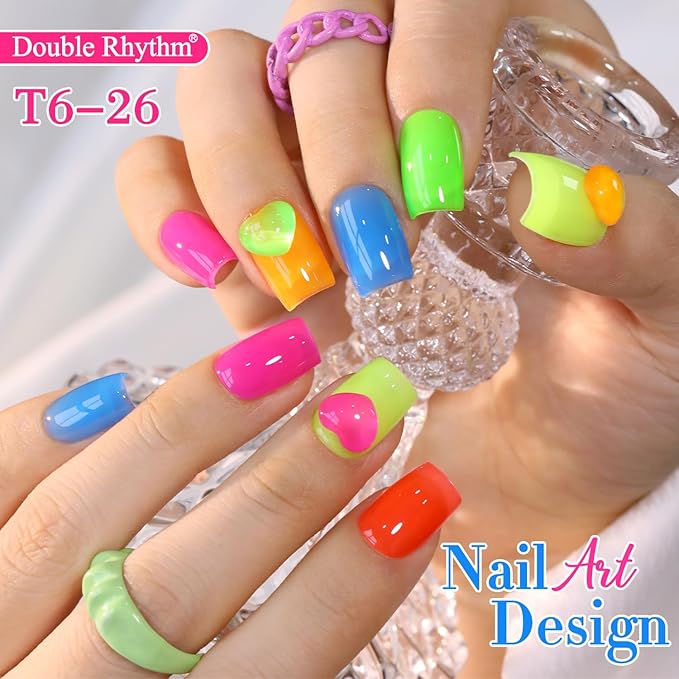 Double Rhythm 6 Pcs 15 ML Gel Polish Set Same Color Same Bottle Soak Off Gel Polish Kit Nail Art Manicure Salon DIY at Home for Women (Jelly Neon Pink Blue Red Green-T6-26)