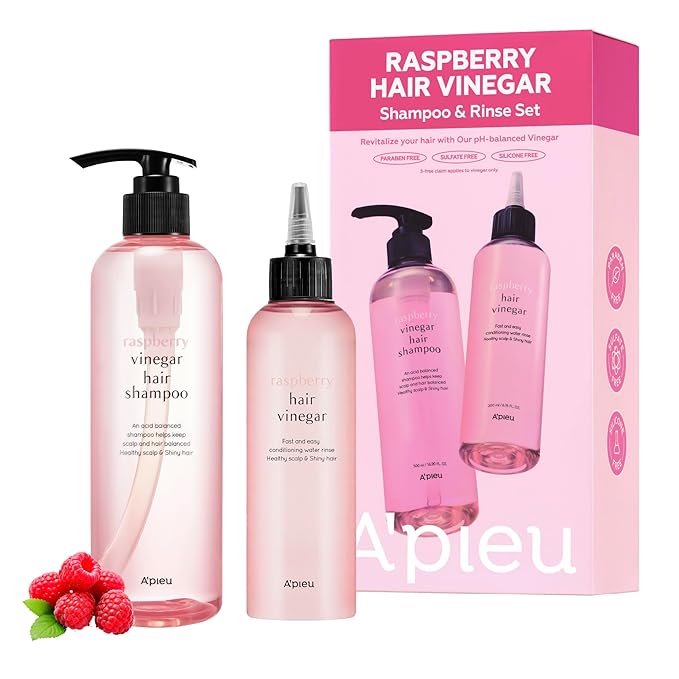 A’PIEU Raspberry Vinegar Hair Care Set – Shampoo (16.9 fl oz) + Hair Vinegar Rinse (6.76 fl oz) | Clarifying & pH Balancing Scalp Treatment, Removes Buildup, Soothes & Refreshes, Korean Hair Care
