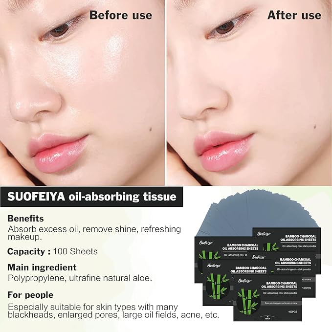 Natural Bamboo Charcoal Oil Absorbing Tissues - 4pk/400 Oil Blotting Sheets For Face, Oil Control Film, Oil Absorbing Sheets, Makeup Friendly