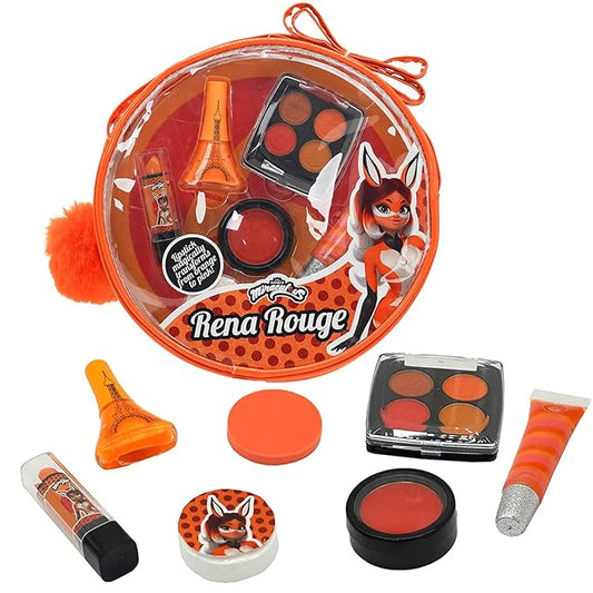 Miraculous Ladybug Kids Makeup Set - 10 Piece Bag with Nail Polish, Hair Chalk, Stickers & More - Safe, Non-Toxic Pretend Play Cosmetics - Rena Rouge Themed Makeup Kit for Children