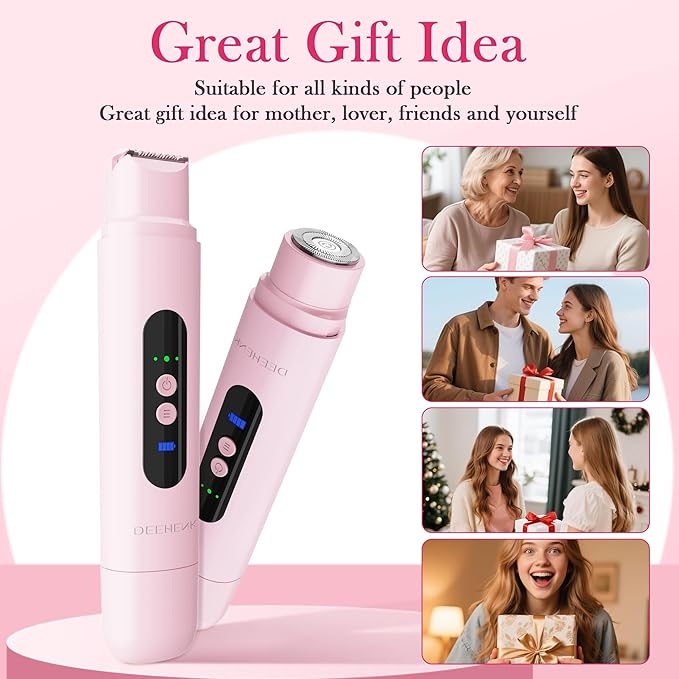 Bikini Trimmer Razors Shaver for Women: DEEHENK 2-Speed Electric Razor for Pubic Hair Dual Head Shaver Women IPX7 Waterproof Rechargeable Lady Trimmer for Bikini Underarm Body Leg Face Pink
