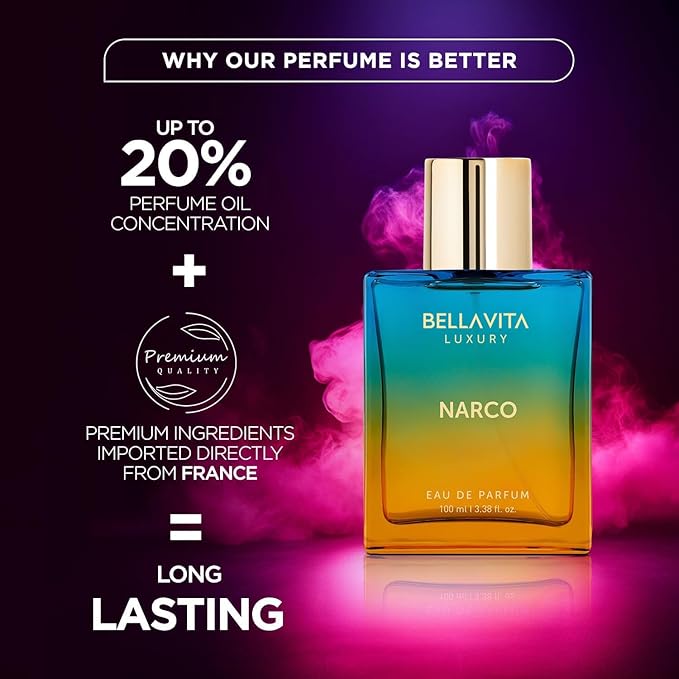 BELLAVITA Luxury NARCO Unisex Perfume for Women and Men | Notes of Bergamot, Jasmine and White Musk | Long-Lasting Luxury Perfume Oils | French Parfum for Women & Men, 100 ML