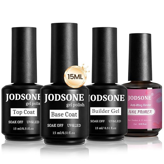 JODSONE 4 Bottles of 15ML Nail Primer Base Coat Top Coat and Builder Gel Which Helps Better Fit the Gel Polish