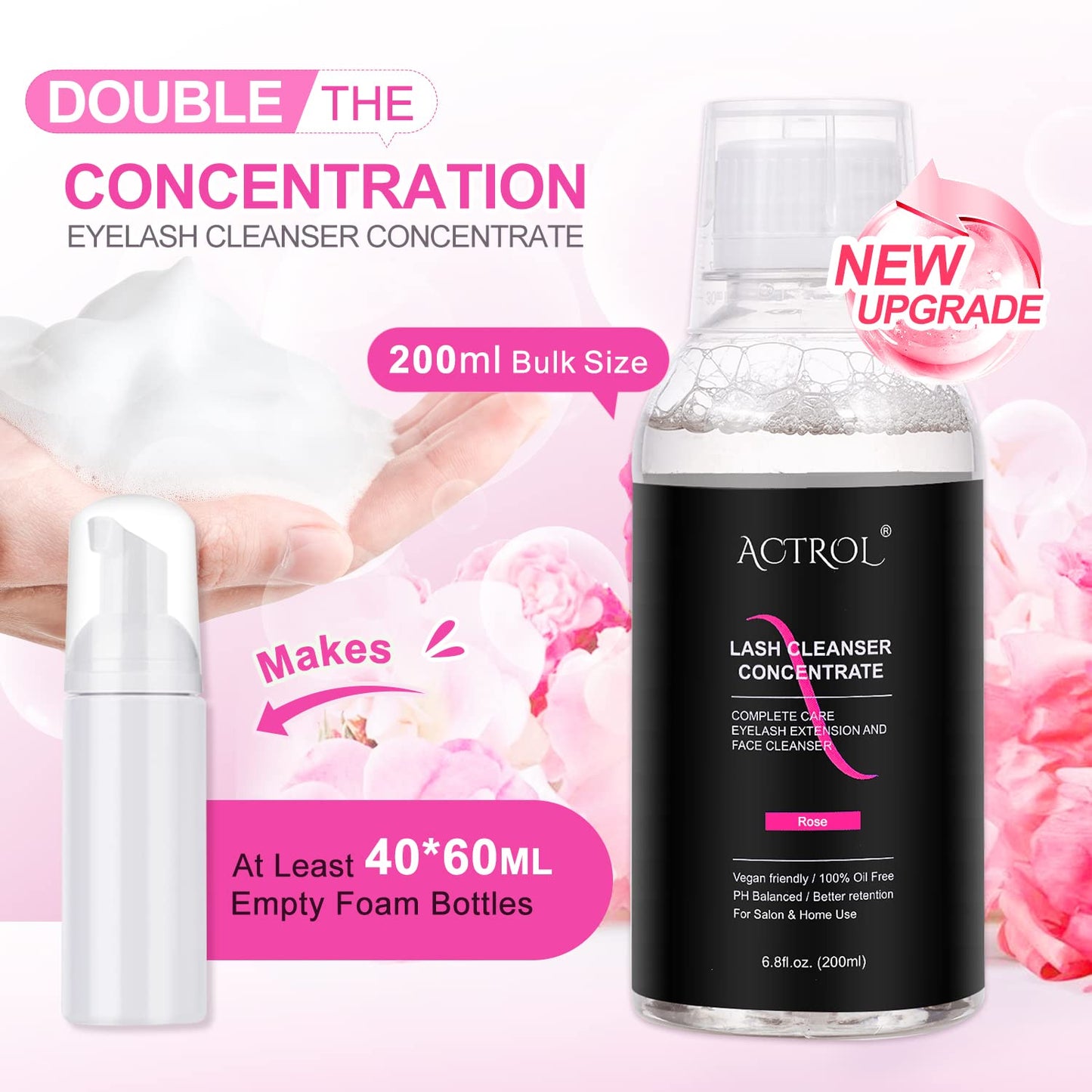 Eyelash Cleanser Concentrate 200ml Rose Professional Lash Shampoo Foaming Cleanser DIY Paraben & Sulfate Free Non-lrritating Wash for Extensions Lashes with Salon Home Care-Makes 40 Bottles