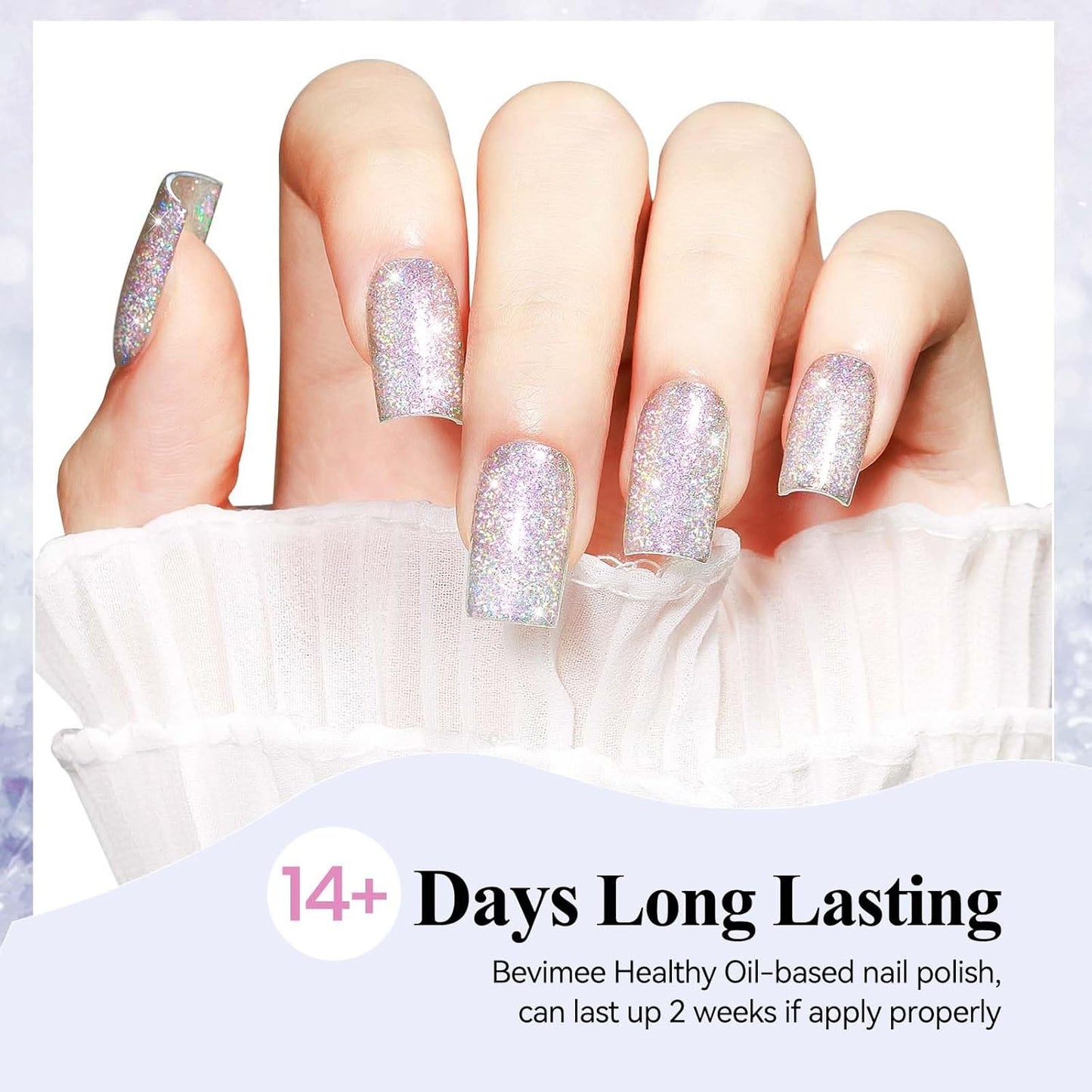 Glitter Silver Nail Polish Quick Dry, Sparkle Iridescent Nail Lacquer Air Fast Drying, Reflective Flash Long-Lasting Vegan Fingernail Polish, 12ML