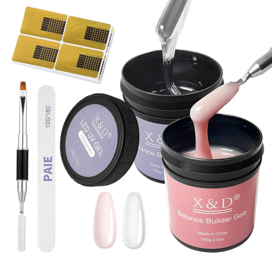 X&D Gel Nail Polish Kit - UV Polygel 2 Bottles Quick Dry 100g Natural Clear Color Nail Extension with Nail Forms, File, Acrylic Brush (Transparent & Nude Pink)