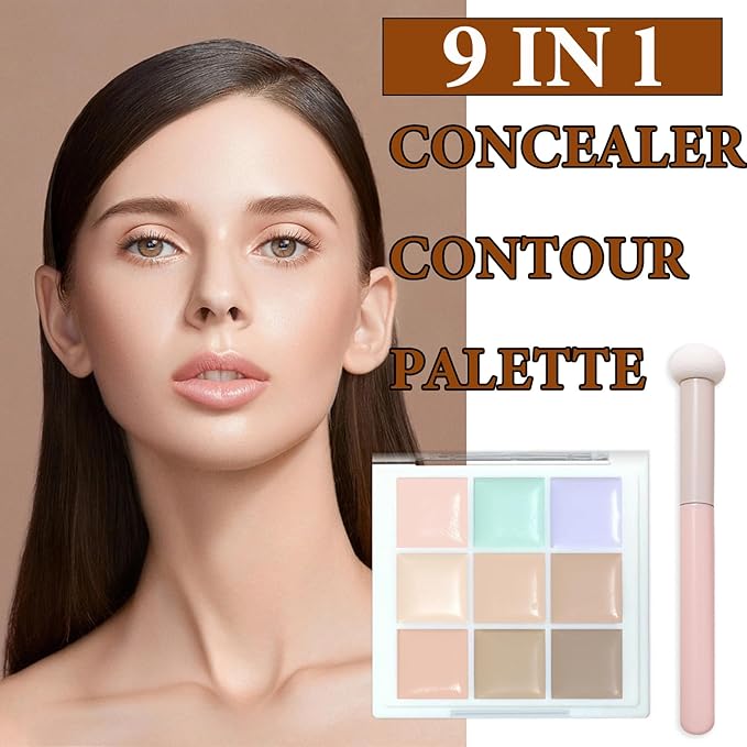 9 Colors Correcting Concealer Contour Palette,Concealer Cream Contour Makeup Palette,Contouring Foundation Highlighting Makeup Kit with Brush