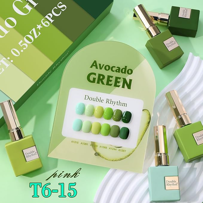 Double Rhythm 6 Pcs 15 ML Gel Polish Set Same Color Same Bottle Soak Off Gel Polish Kit Nail Art Manicure Salon DIY at Home for Women (Light Dark Green Olive Teal-T6-15)