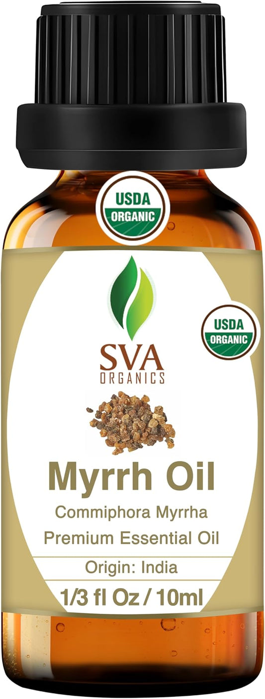 SVA Myrrh Essential Oil Organic – 1/3 Fl Oz – 100% Natural Organic Myrrh Oil - for Diffuser, Hair Care, Face, Skin Care, Aromatherapy, Scalp and Body Massage, Soap and Candle Making