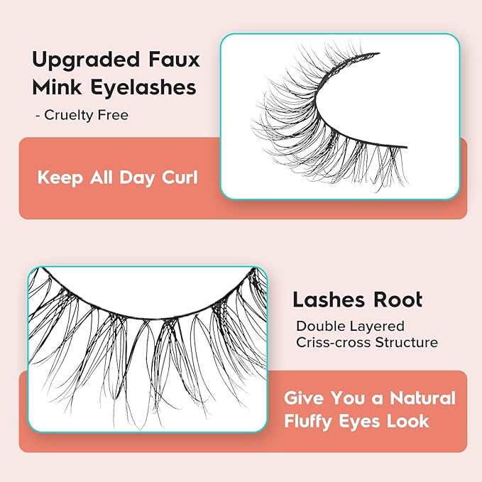 Natural Lashes Wispy False Eyelashes 10mm Short Lashes 3D Volume Strip Lashes Fake Eyelashes Siligli Lashes Thin Band Curly Eye Lashes Pack 10 pair